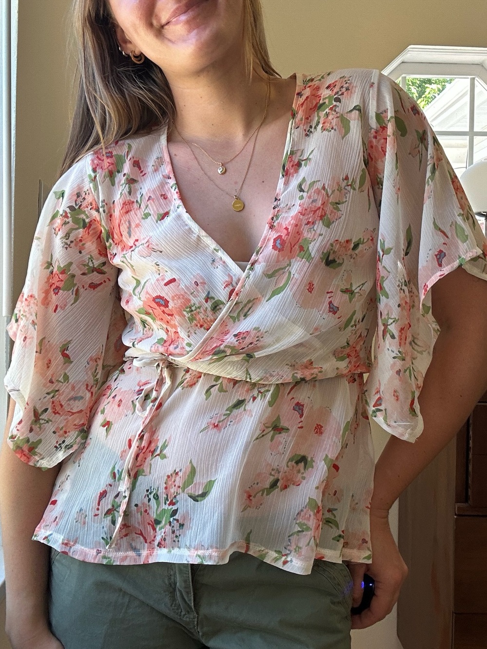 DownEast Floral Wrap Blouse - White with Pink and Green